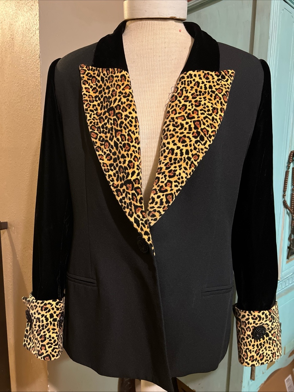 Vintage Criscione New York Black Blazer Leopard Velvet Details 90's Y2K Sz Large